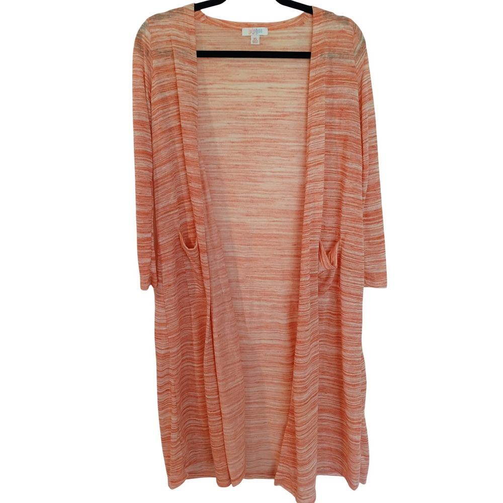 LuLaRoe Sarah Cardigan Womens XS Orange White Space DyeDuster Open Front Pockets